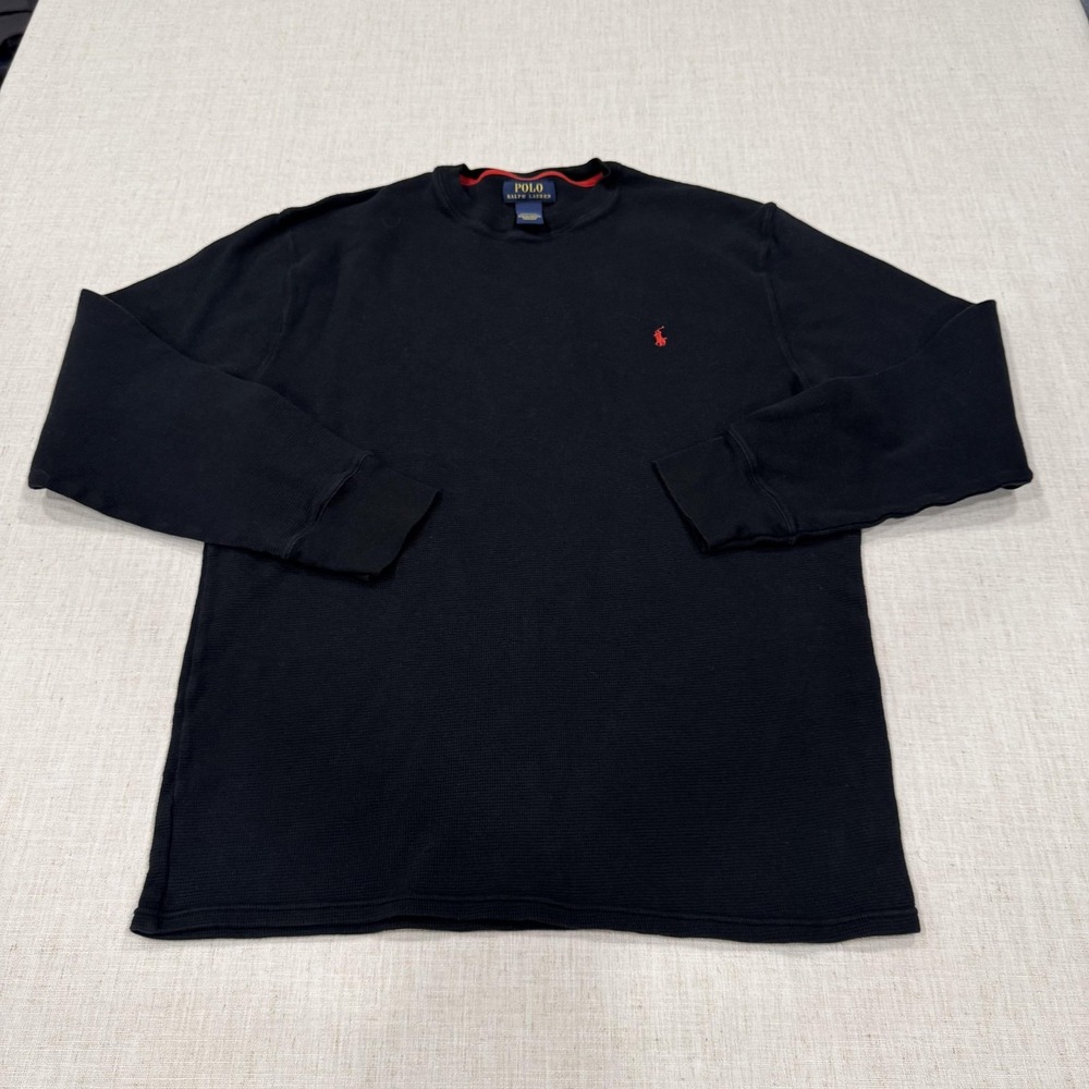Polo Ralph Lauren Thermal Shirt Mens 2XL Black Waffle Knit Long Sleeve